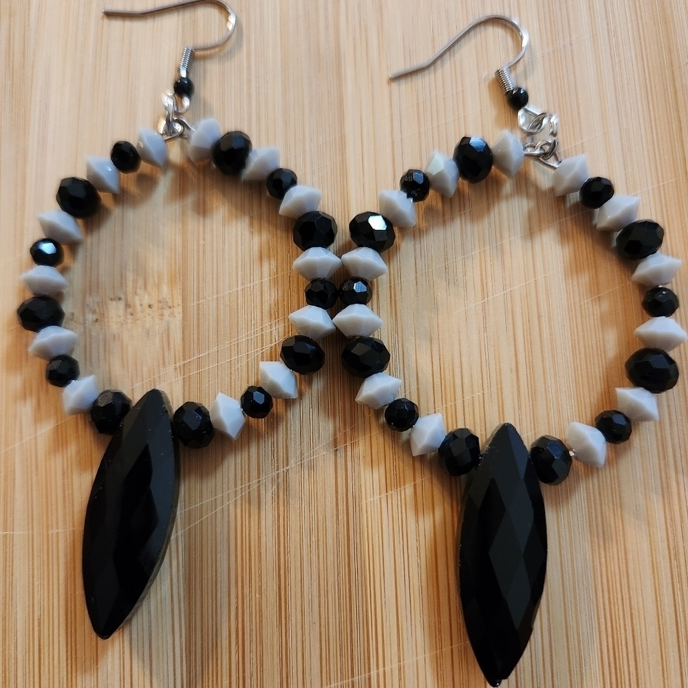 Hand Crafted Black and Gray Beaded Hoop Earrings Pierced Dangle Crystals